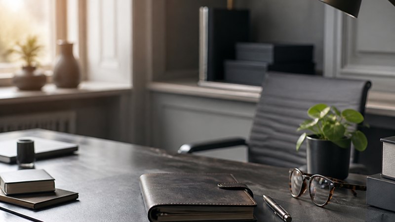 Scrivania elegante con agenda, penna e oggetti di trent’anni di lavoro HR