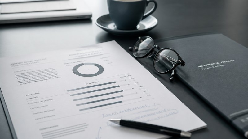 Report di valutazione delle competenze annotato a penna su un tavolo di lavoro