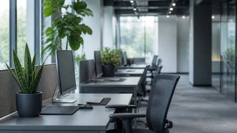 Scrivanie ordinate di un ufficio moderno con piante verdi curate