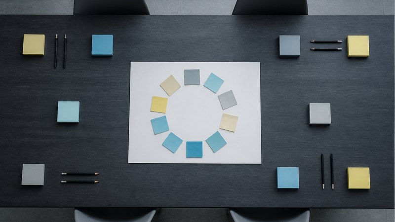 Post-it colorati disposti in cerchio su un foglio durante una sessione di feedback