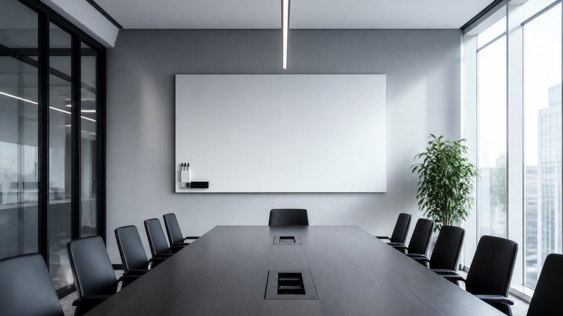 Sala meeting moderna con lavagna a parete per una sessione sui modelli di leadership