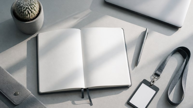 Scrivania di un nuovo collaboratore con agenda e badge aziendale